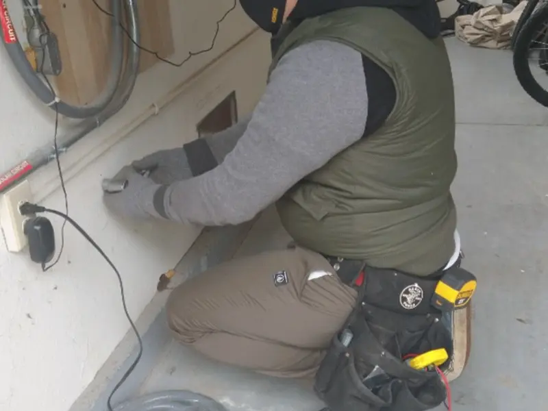 Electrician performing outlet wiring in a Dunmore garage